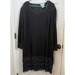 Party Dress Vintage Papell Boutique Beaded Floral Tiered Midi 22W Black NWT